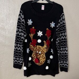 Christmas Reindeer Ugly Holiday Sweater Women’s Plus 1X (16W/18W) Black